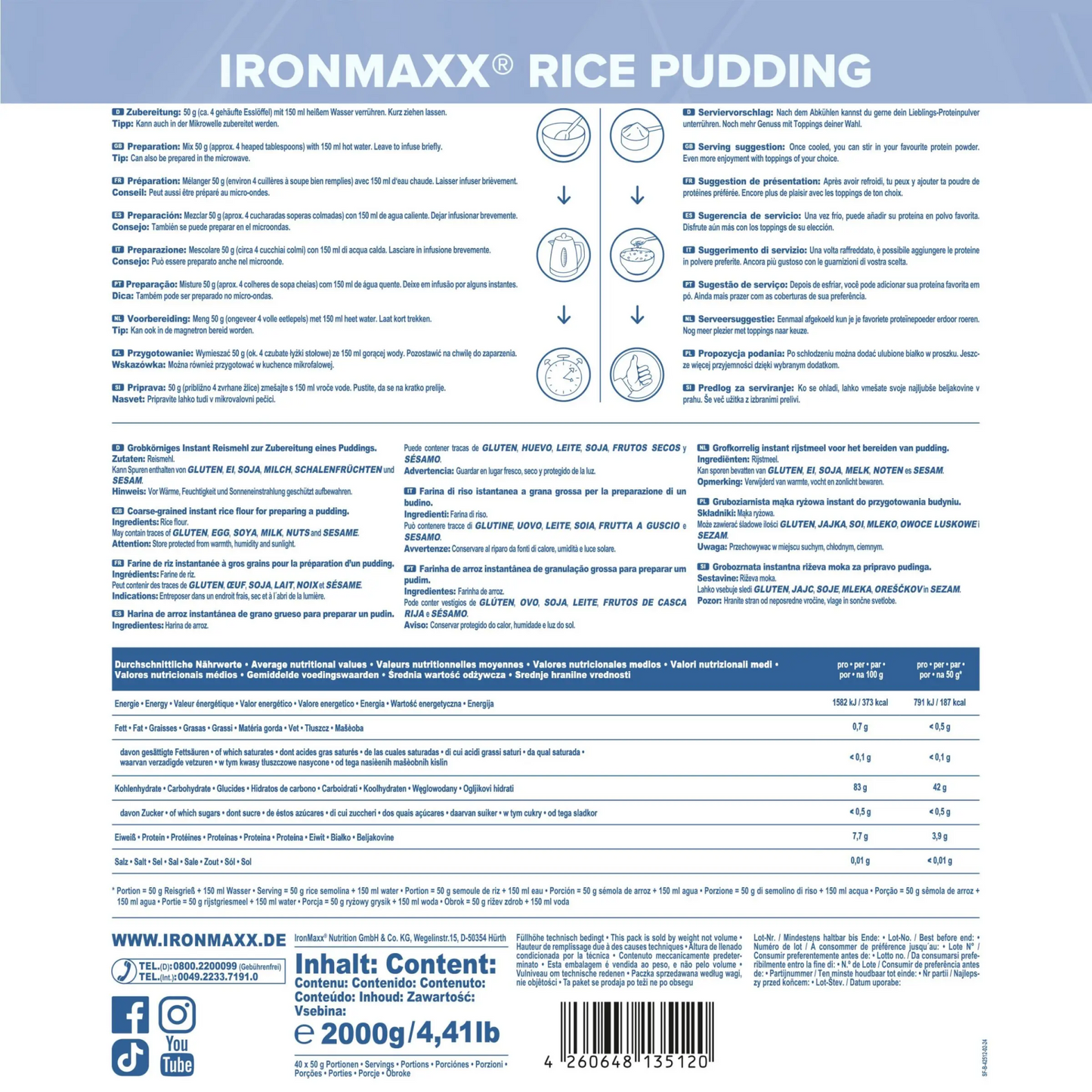 IronMaxx Instant Rice Pudding (750g Beutel)